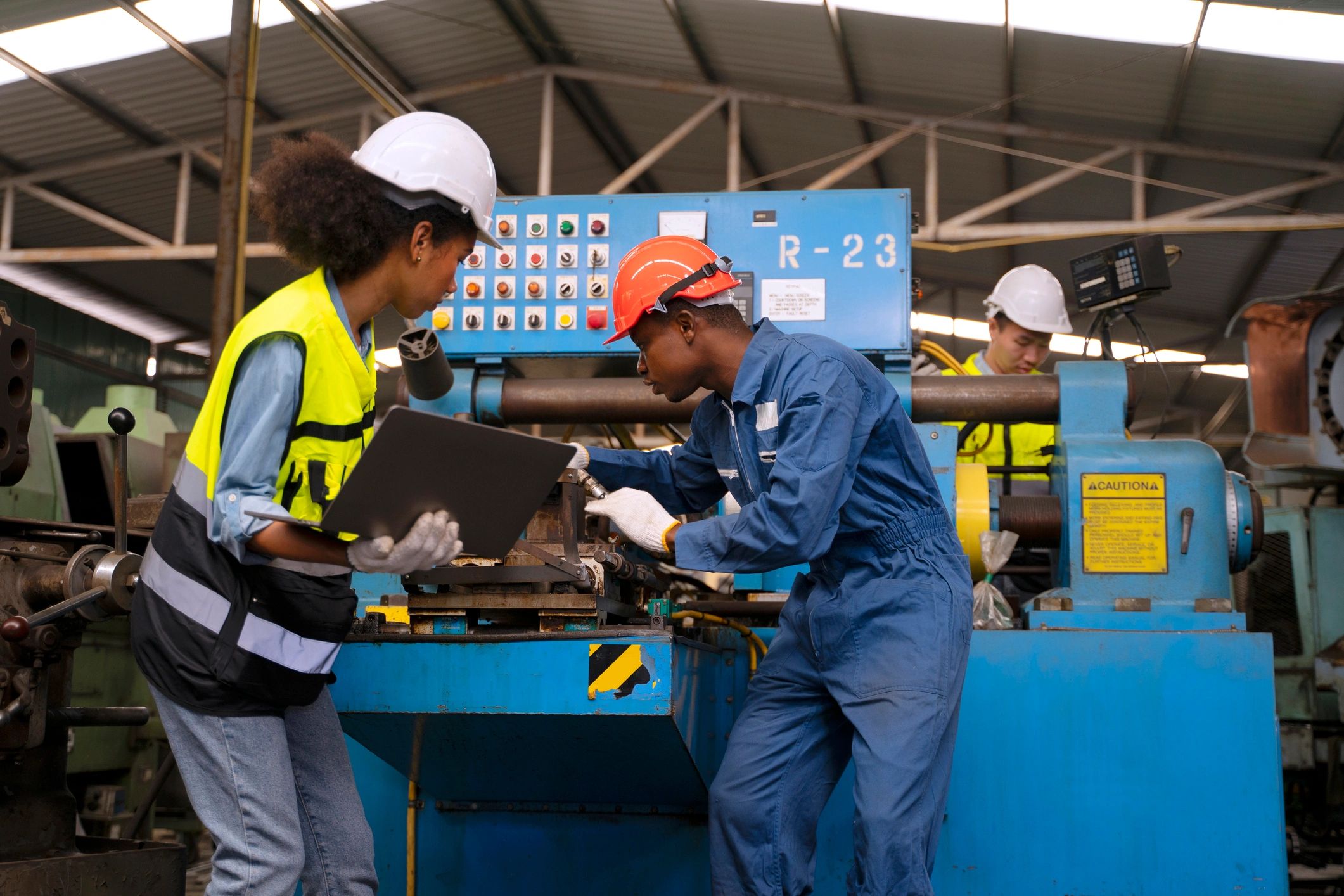 Factory workers representing reliable industrial logistics support
