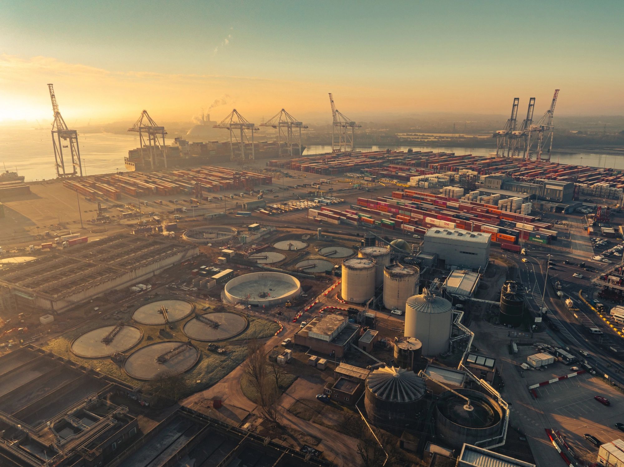 Container terminal with cranes and shipping containers